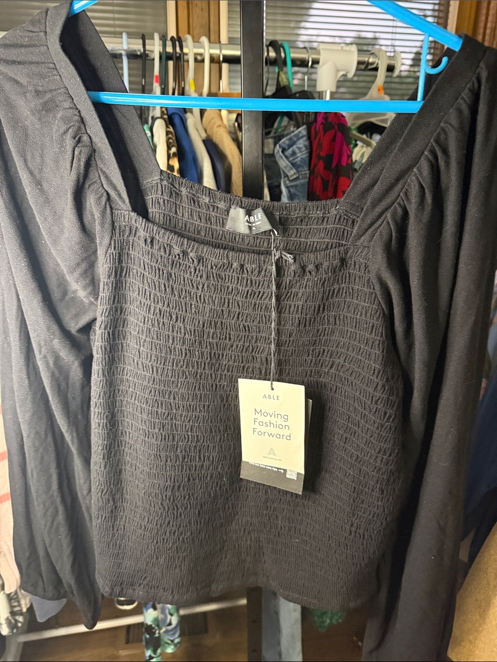 NWT Able Black Smocked Square-Neck Long-Sleeve Blouse